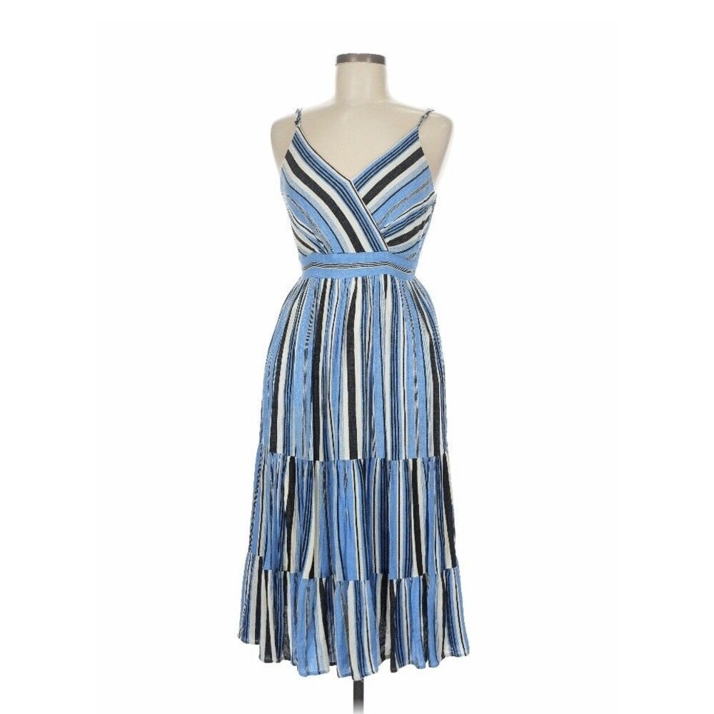 Joy Joy Blue Striped Tiered Sun Dress Boho Cottage Midi Dress Lined Medium